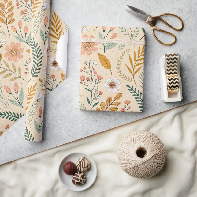 Papel De Presente Jardim de Flores Silvestres Caprichoso em Neutros  (Artesanato)