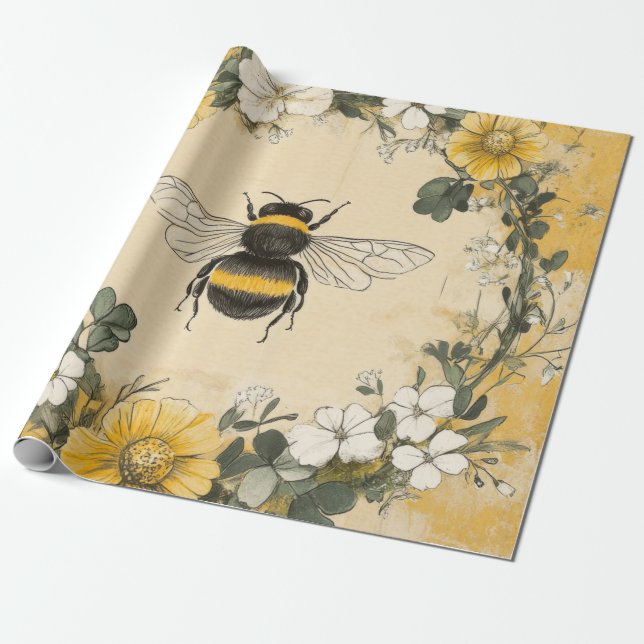 Papel De Presente Jardim de Flores Silvestres da Abelha Melífera Vin (Desenrolado)