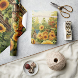 Papel De Presente Jardim de Girassóis Casas de Pássaros