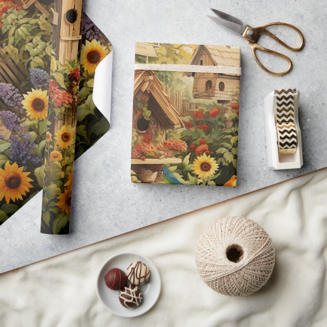Papel De Presente Jardim de Girassóis Casas de Pássaros (Artesanato)