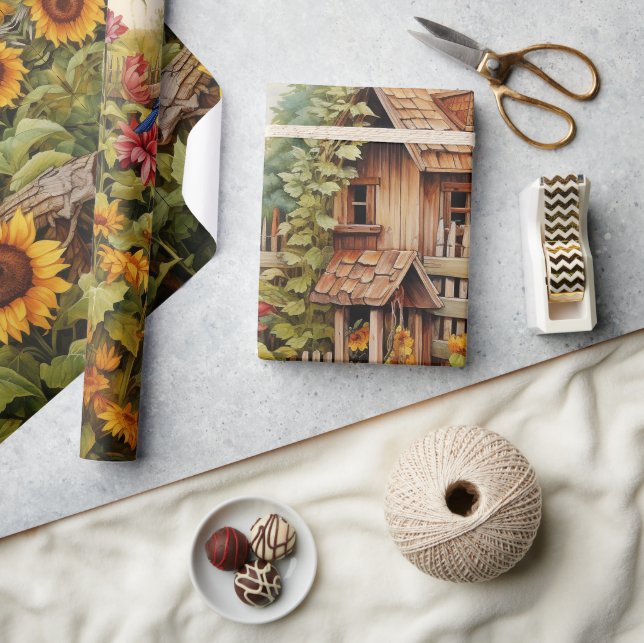 Papel De Presente Jardim de Girassóis Casas de Pássaros (Artesanato)