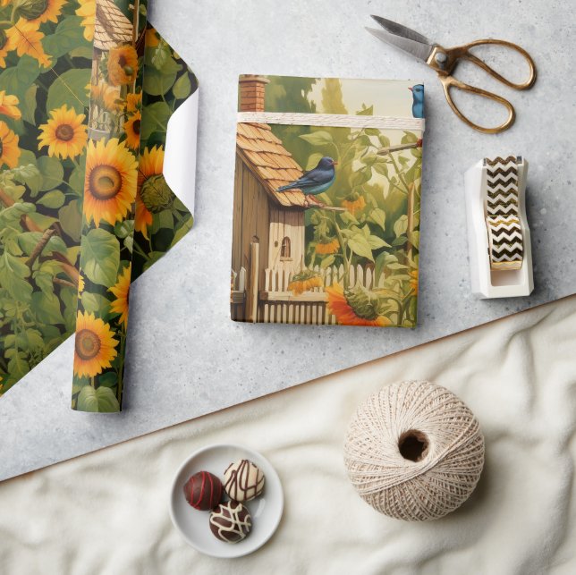 Papel De Presente Jardim de Girassóis Casas de Pássaros (Artesanato)