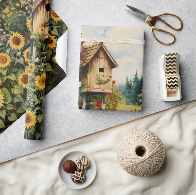 Papel De Presente Jardim de Girassóis Casas de Pássaros (Artesanato)