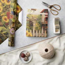 Papel De Presente Jardim de Girassóis Casas de Pássaros