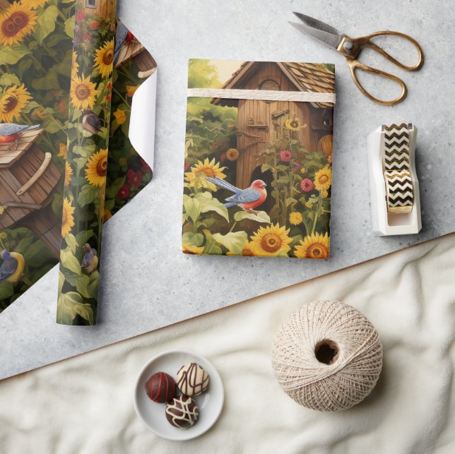 Papel De Presente Jardim de Girassóis Casas de Pássaros (Artesanato)