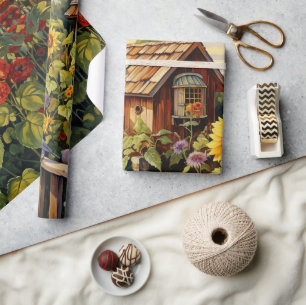 Papel De Presente Jardim de Girassóis Casas de Pássaros