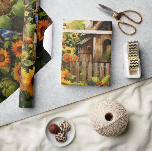 Papel De Presente Jardim de Girassóis Casas de Pássaros