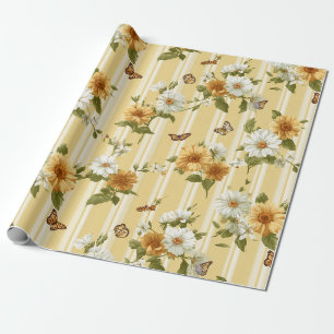 Papel De Presente Jardim de Girassóis Dourados e Borboletas Listrado