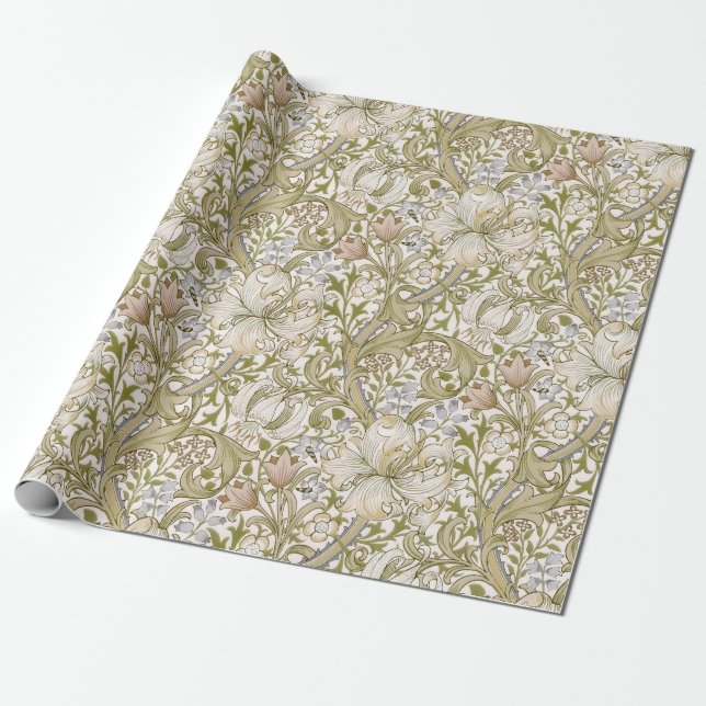 Papel De Presente Jardim de Lírio Dourado Flor Clássica William Morr (Desenrolado)