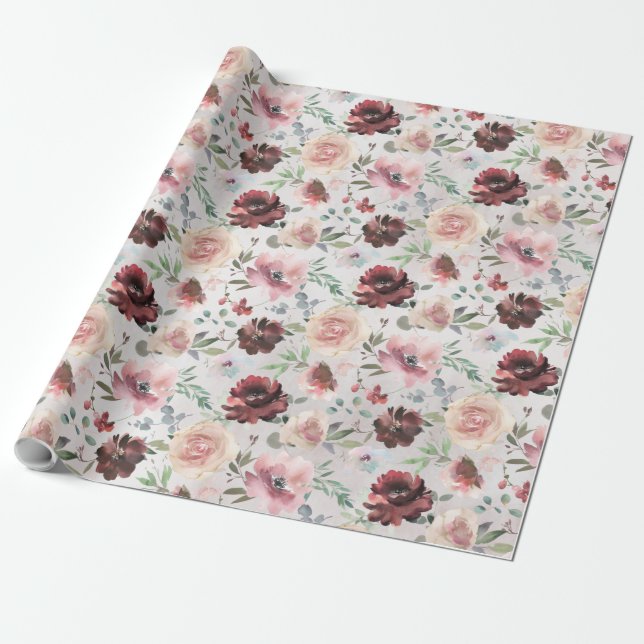 Papel De Presente Jardim de Rosas Mondial Pink Pink Burgundy Café (Desenrolado)