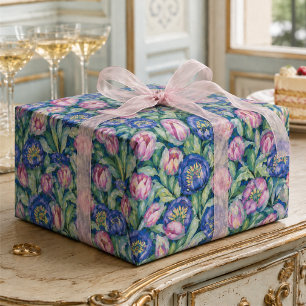 Papel De Presente Jardim de Tulipas da Meia-Noite Floral Rosa e Azul