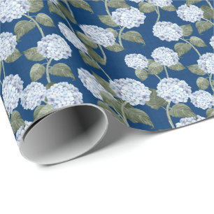 Papel De Presente Jardim de Verão Hortênsia Azul Textura de Linho Na