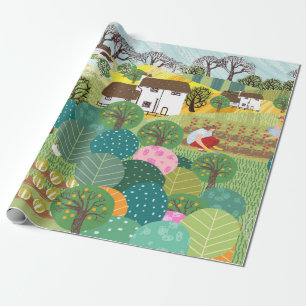 Papel De Presente Jardim, fazendas, natureza e campo. Vintage illu