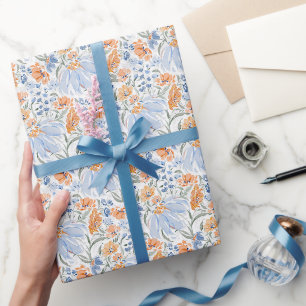 Papel De Presente Jardim Floral Aquarela Azul e Coral