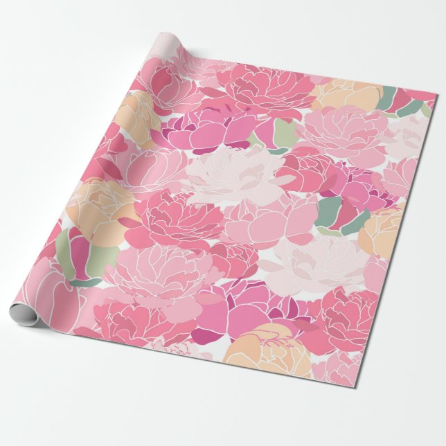 Papel De Presente Jardim Floral de Peônias Rosa Flores Femininas (Desenrolado)