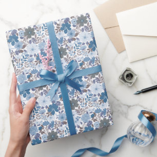 Papel De Presente Jardim Floral do Céu Azul e Cinza Dusty