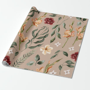 Papel De Presente Jardim Floral em Aquarela Vintage Borgonha e Pêsse