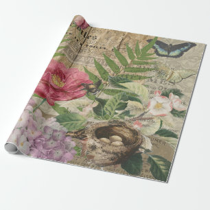 Papel De Presente Jardim Floral Ninho de Pássaro Arte Flor Borboleta