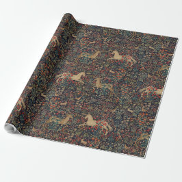 Papel De Presente Jardim Floral Unicórnio Medieval à Meia-Noite