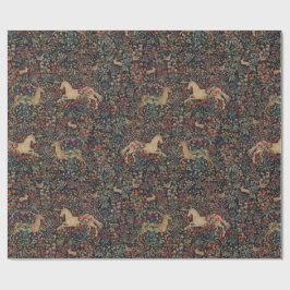 Papel De Presente Jardim Floral Unicórnio Medieval de Meia-Noite