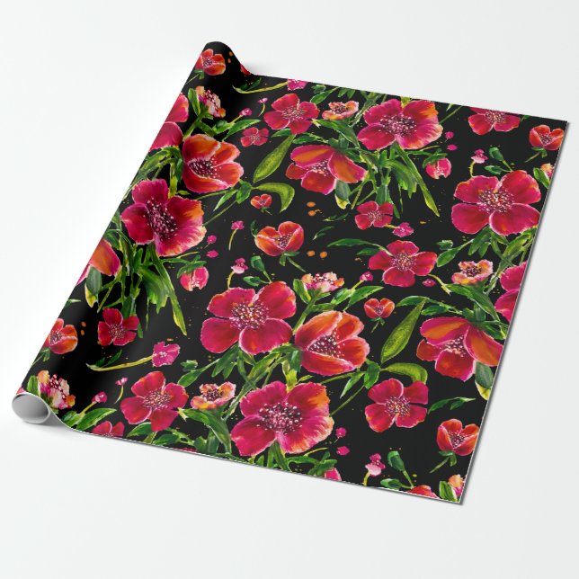 Papel De Presente Jardim Poppy em Preto (Desenrolado)