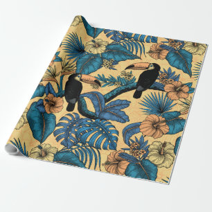 Papel De Presente Jardim tucano em amarelo e azul