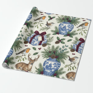 Papel De Presente Jarra de Gengibre em Chinoiserie com Laço Borgonha