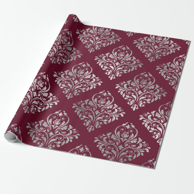 Papel De Presente Jewelry Royal Damask Maroon Burgundy Vip Silver (Desenrolado)