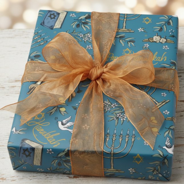 Papel De Presente Jewish Happy Hanukkah Menorah & Olive Branches (Happy Hanukkah Wrapping Paper. Festive Jewish Menorah, Dreidel, Dove, Olive Branches, Torah Pattern)