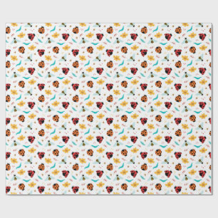 Papel De Presente Joaninhas e Abelhas Coloridas em um Fundo Floral
