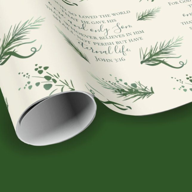 Papel De Presente João 3:16 Bíblia Personalizada Moderno Sage Natal  (John 3:16 custom inspirational Bible verse Christmas wrapping paper. Elegant hand drawn pine  & bows)