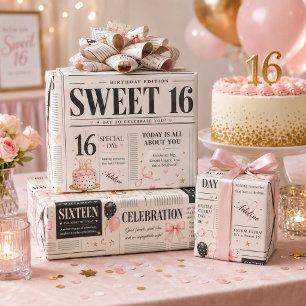 Papel De Presente Jornal Preto Rosa Doce 16 Nome Personalizado Anive