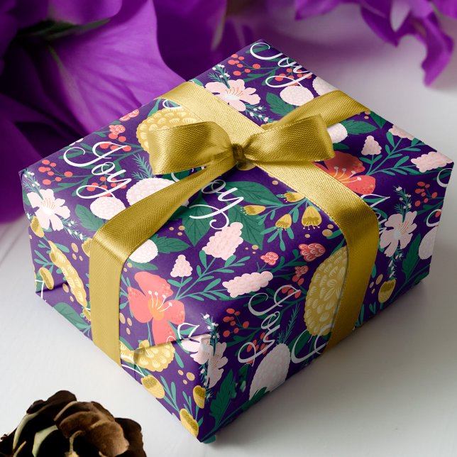 Papel De Presente Joy Botanical Floral Festivo Púrpura (Joy Botanical Floral Festive Garden Pattern Purple Wrapping Paper)