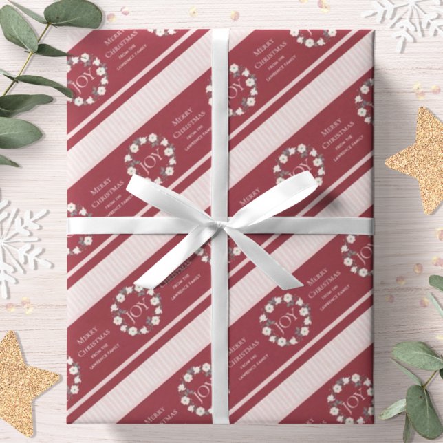 Papel De Presente Joy Christmas Wreath Burgundy Personalizado (Criador carregado)