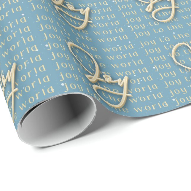 Papel De Presente Joy to the World - Dourado e Azul Wrapping Paper (Ponta do rolo)