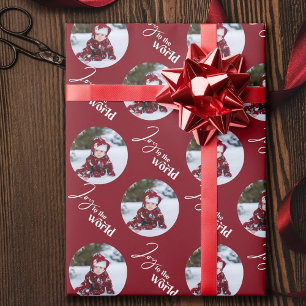 Papel De Presente Joy to the World Script Typografia Round Photo Red