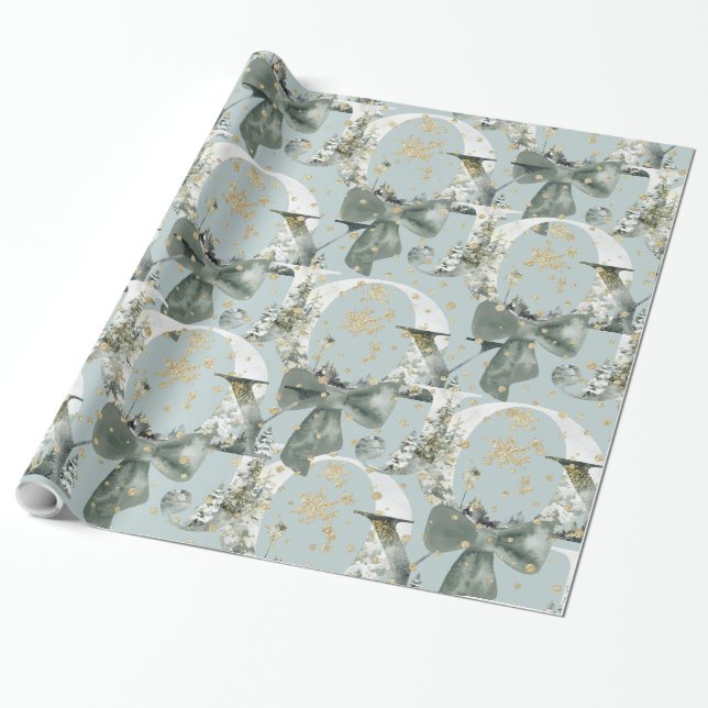 Papel De Presente Joy Winter Forest Font Arco Verde Neve Dourada (Desenrolado)