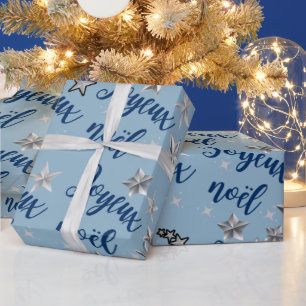 Papel De Presente Joyeux Noël - Feliz Natal - Azul e Prata