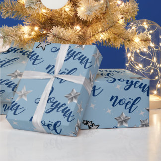 Papel De Presente Joyeux Noël - Feliz Natal - Azul e Prata