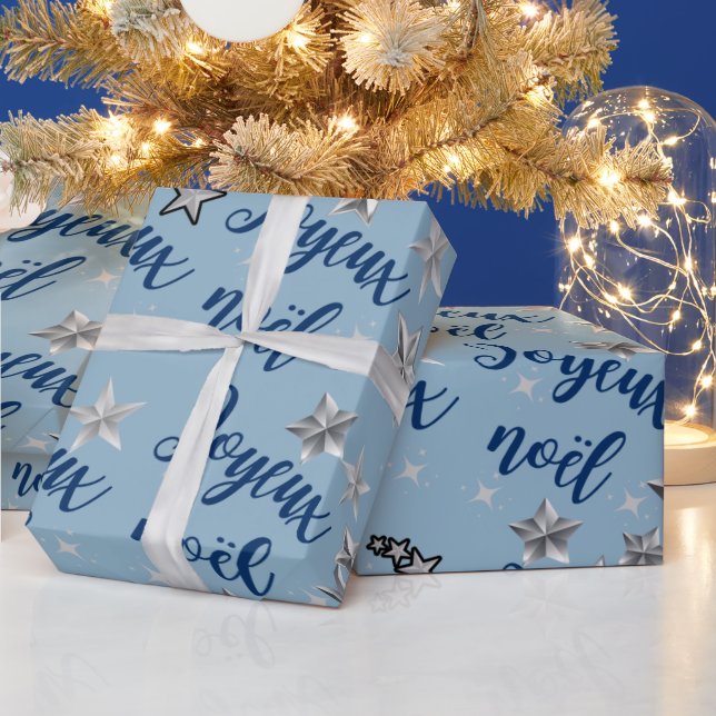 Papel De Presente Joyeux Noël - Feliz Natal - Azul e Prata (Feriados)