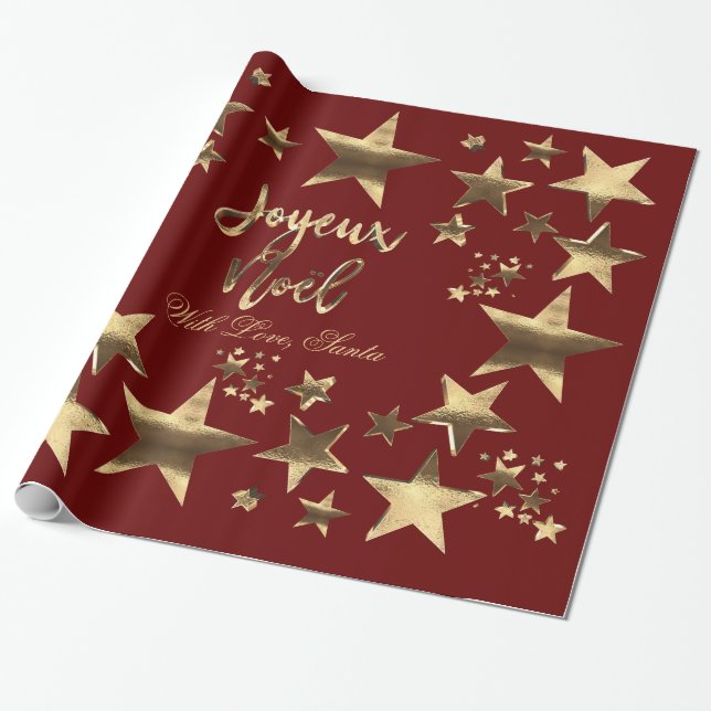 Papel De Presente Joyeux Noël Stars Red Dourado Elegante Natal (Desenrolado)