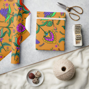 Papel De Presente Kalamkari Aniversário Flores Coloridas Amarelo