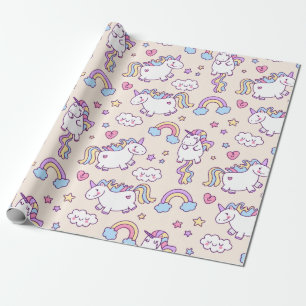 Papel De Presente Kawaii chubby voando unicórnios padrão arco-íris