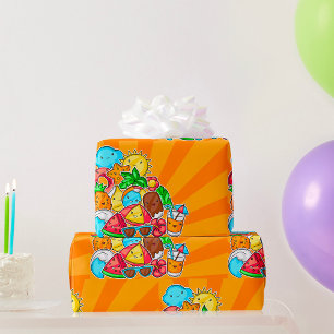 Papel De Presente Kawaii Desenhos de Verão Sol Praia e Tropical