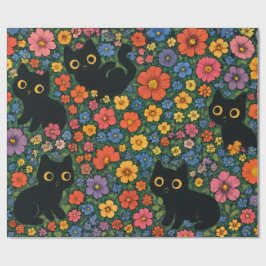 Papel De Presente Kawaii Garden Art – Cute Black Cat Floral Pattern