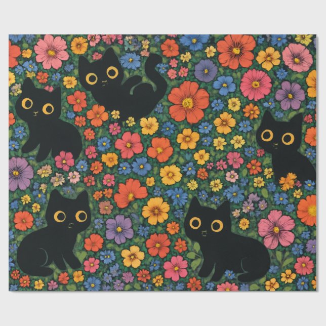 Papel De Presente Kawaii Garden Art – Cute Black Cat Floral Pattern (Aberto)