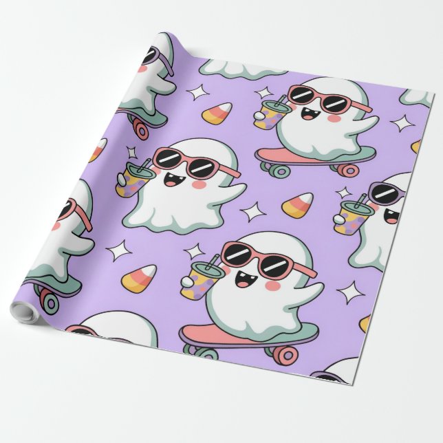 Papel De Presente Kawaii Ghost Bubble Tea Pattern - Cute Pastel Ghos (Desenrolado)