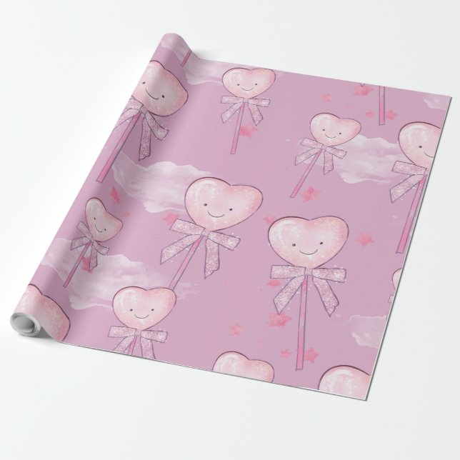 Papel De Presente Kawaii Heart Lollipop Patterno - Púrpura Pastel (Desenrolado)