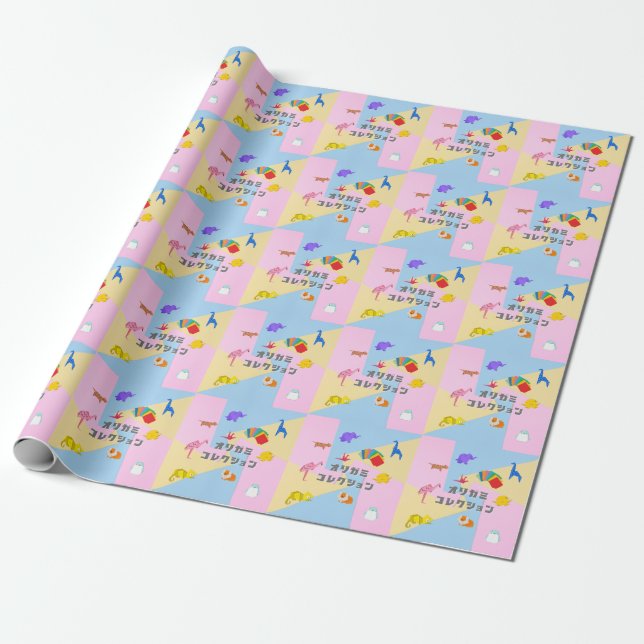 Papel De Presente KAWAII　Origami Creatures & Katakana Typography  (Desenrolado)