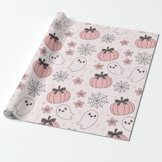 Papel De Presente Kawaii Pink Halloween Fantasmas e Pumpkins (Desenrolado)